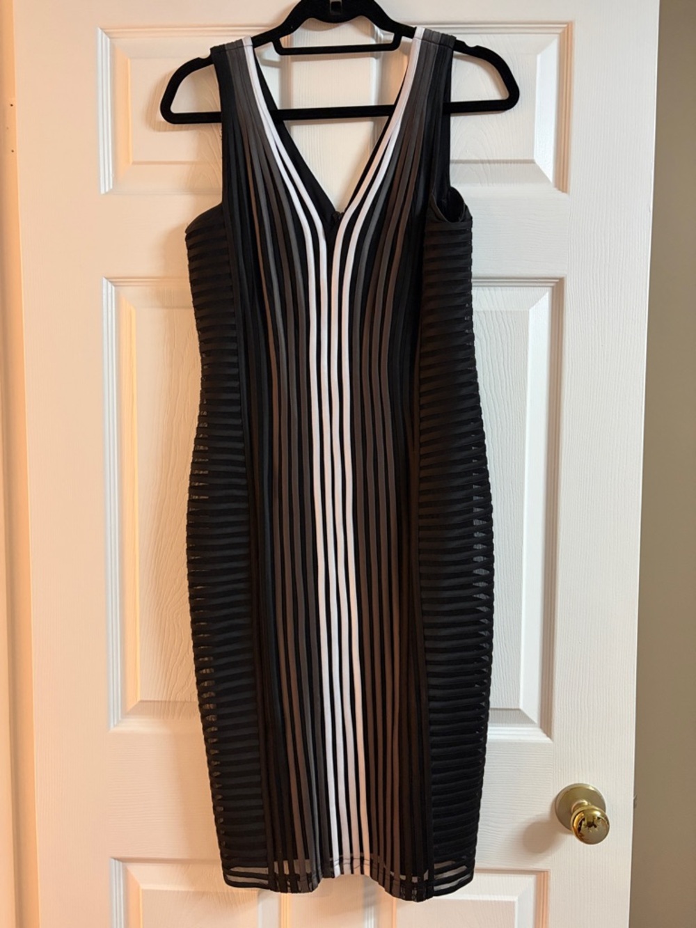 Frank Lyman Design Black and White Striped V-Neck Midi Dress